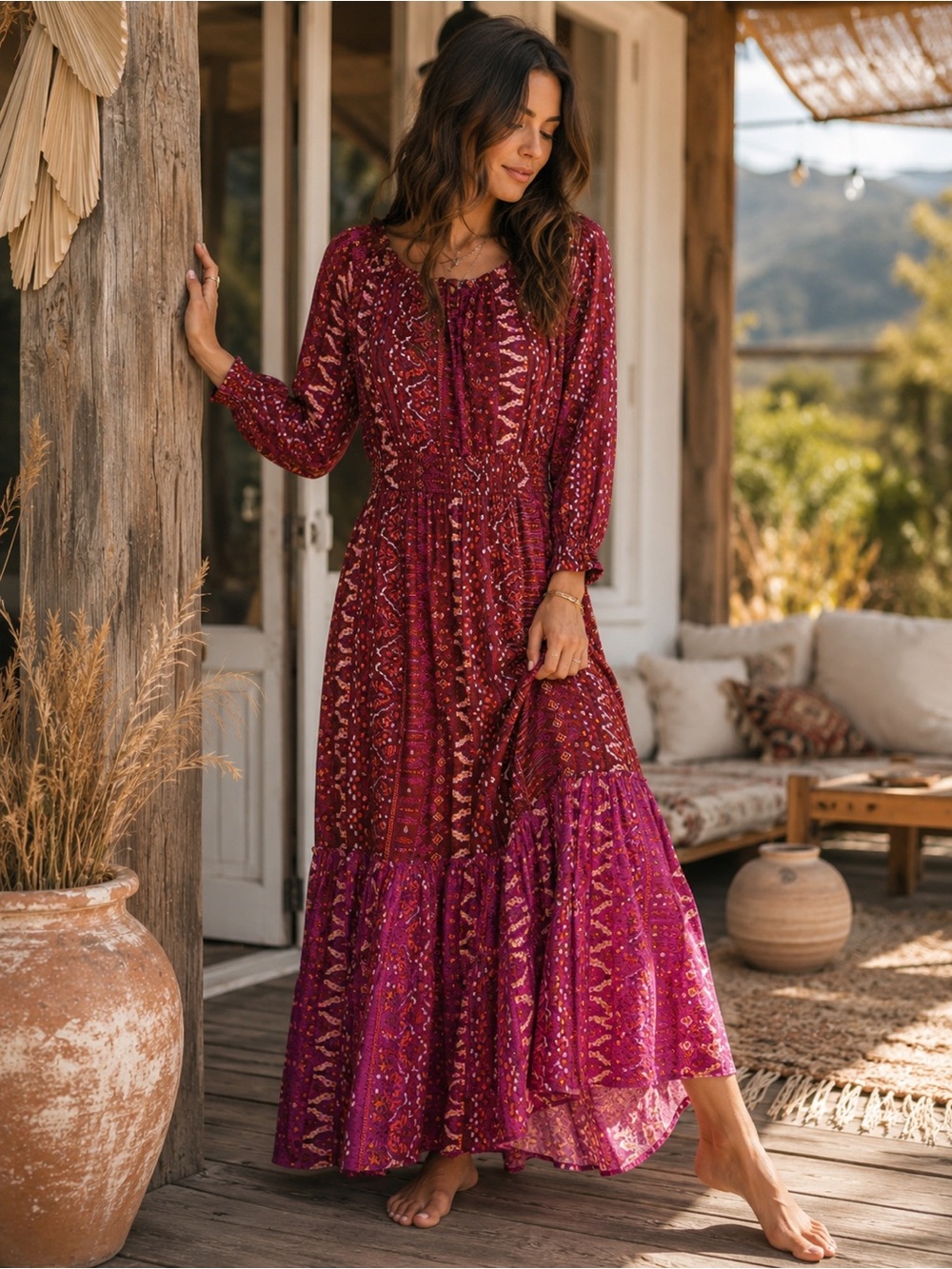 Knox Rose Boho Midi Dress Burgundy Pink Geometric Print Smocked Waist Medium
